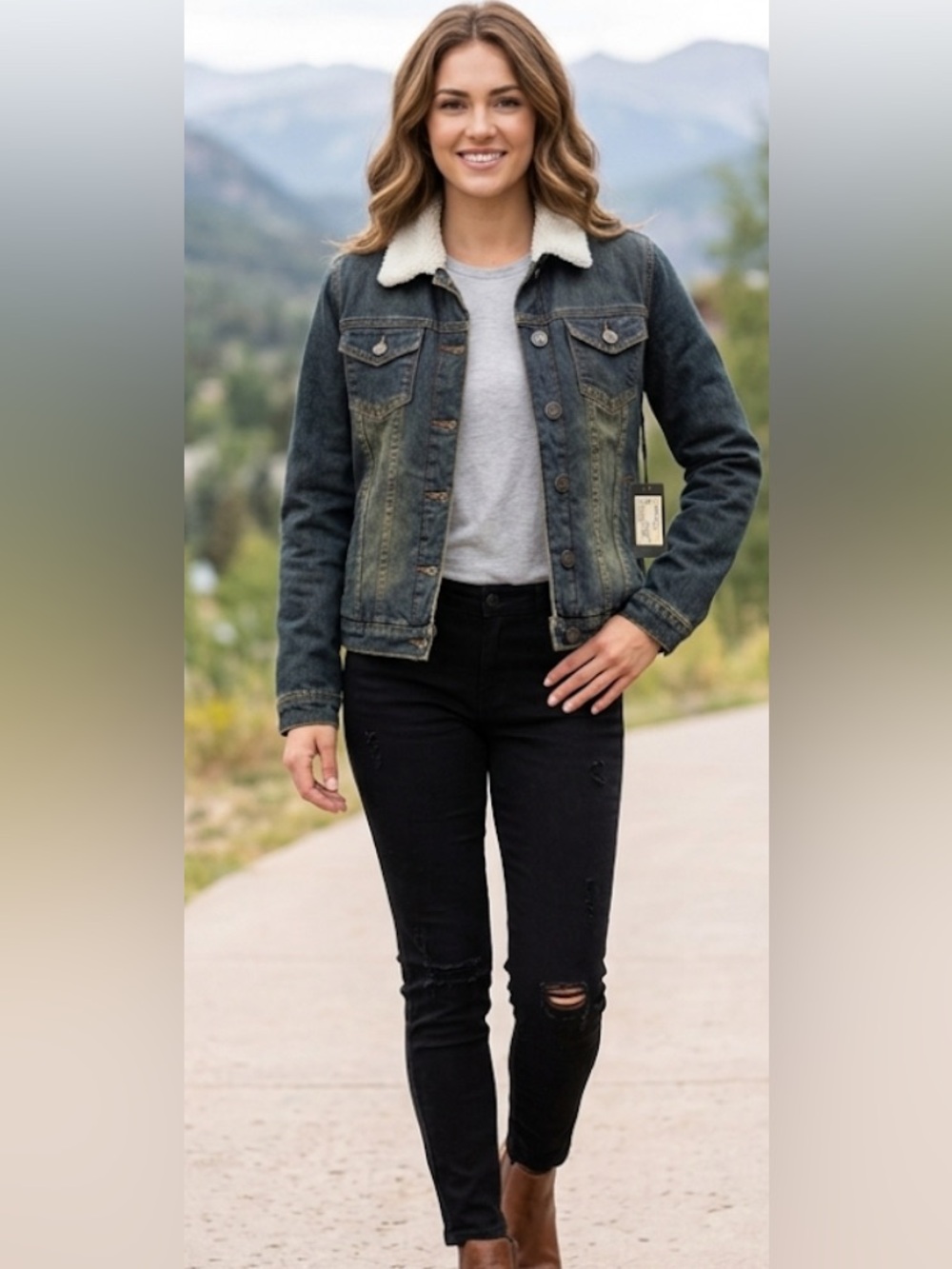 Vintage Style Denim Jacket with Sherpa